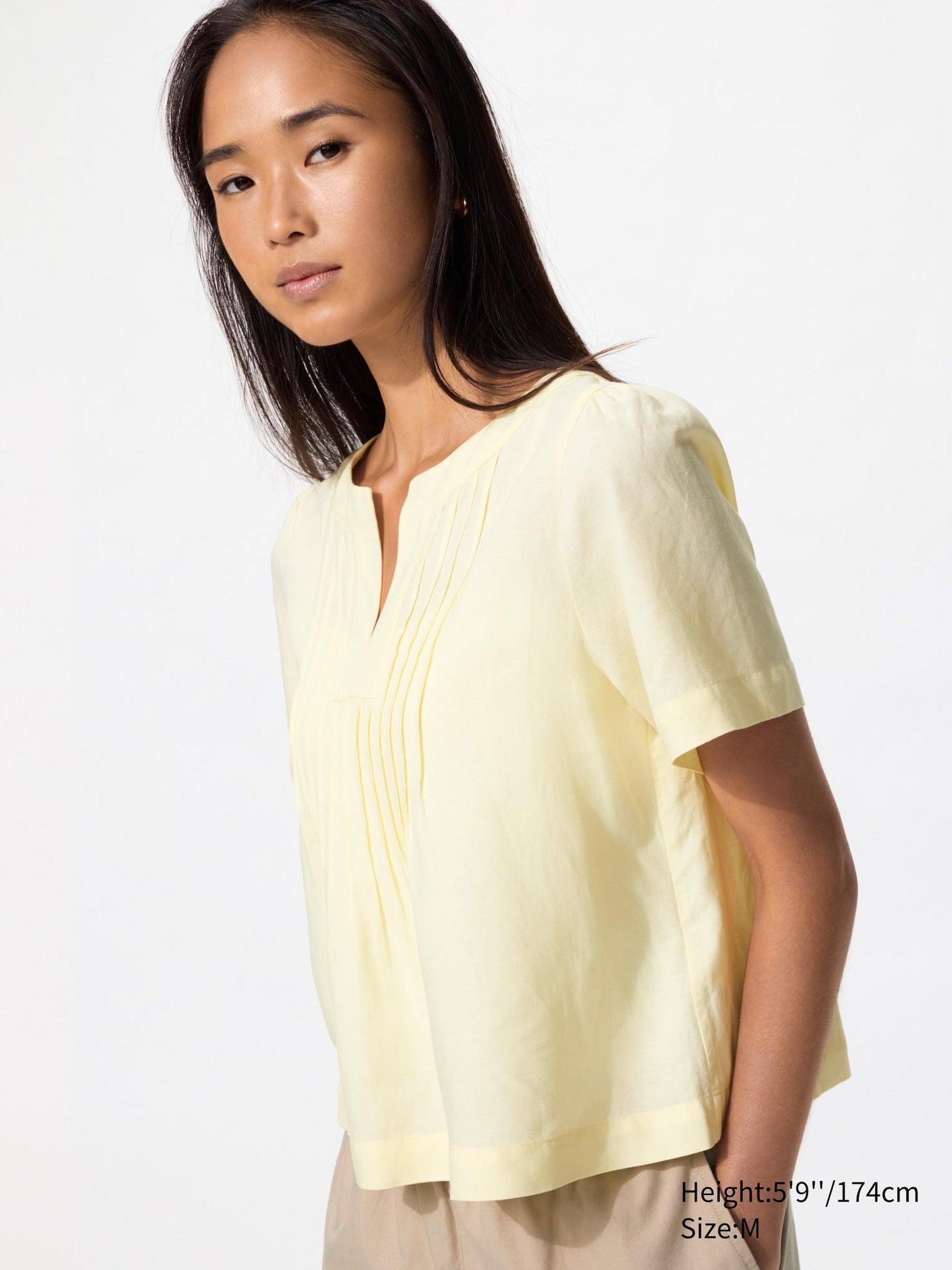 Linen Blend Key Neck Blouse Short Sleeve - OFF WHITE