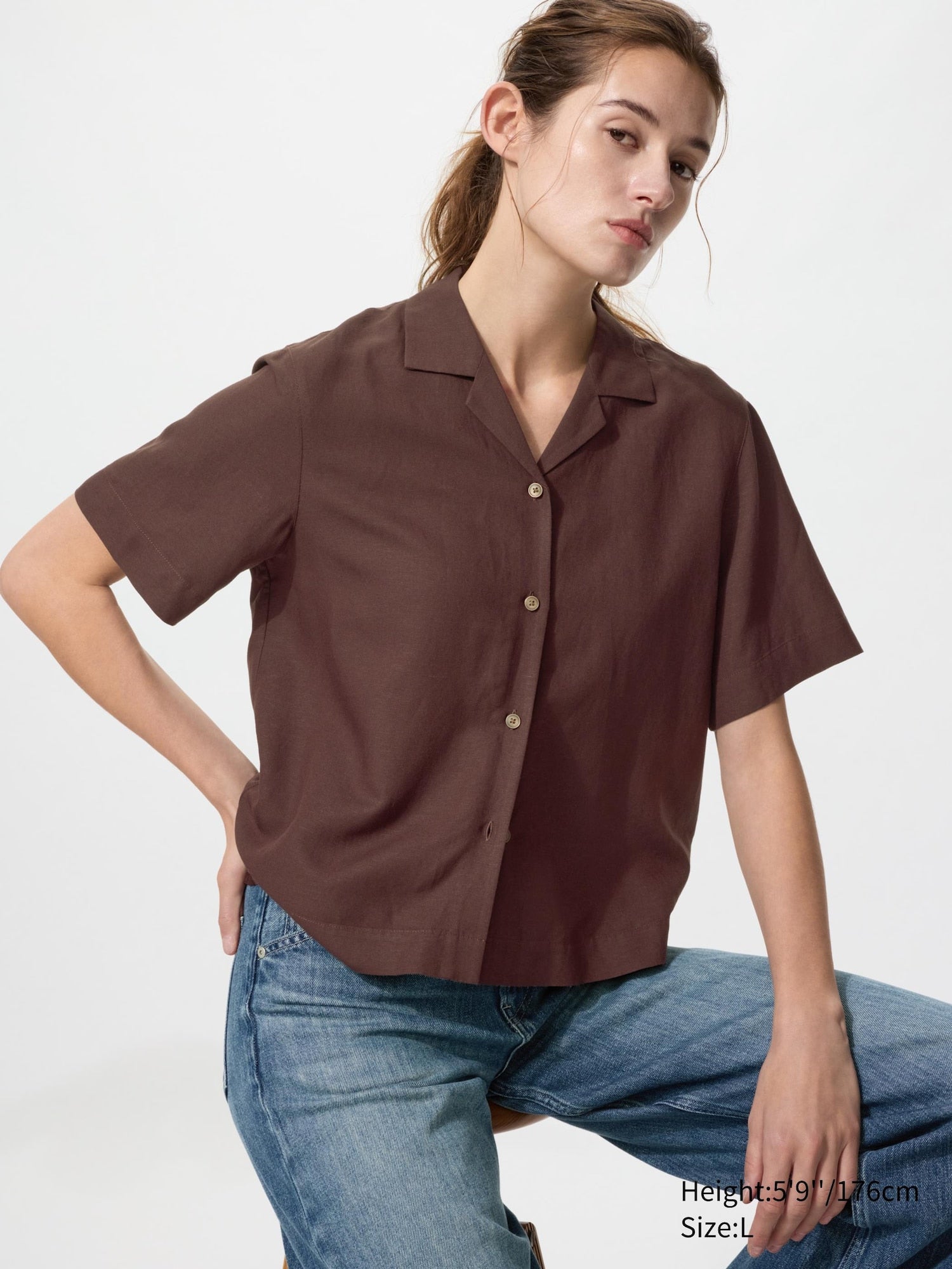 Linen Blend Open Collar Shirt Short Sleeve - OFF WHITE